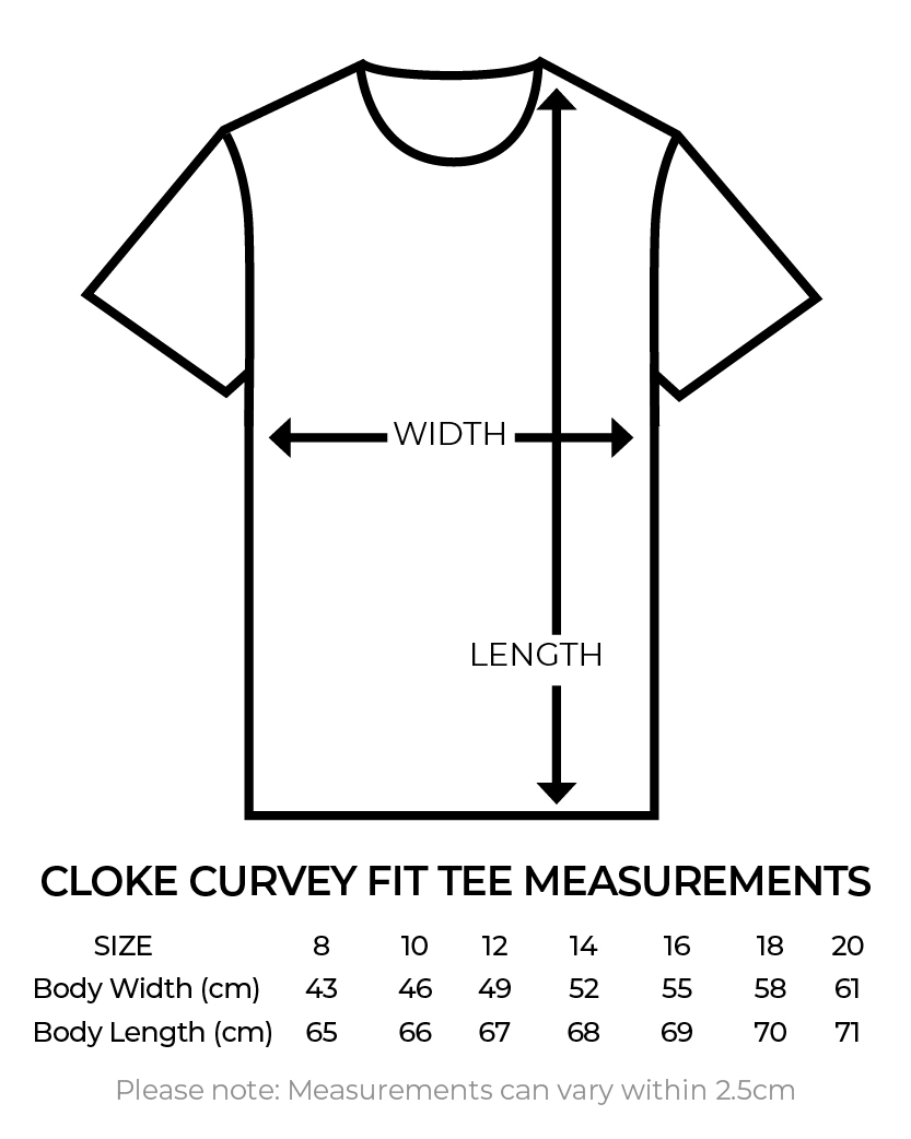 Curvey Cut Tee Size Chart